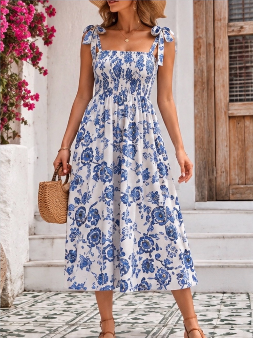 The Real Clean Company Blue Floral Smocked Tie Strap Midi Dress M
